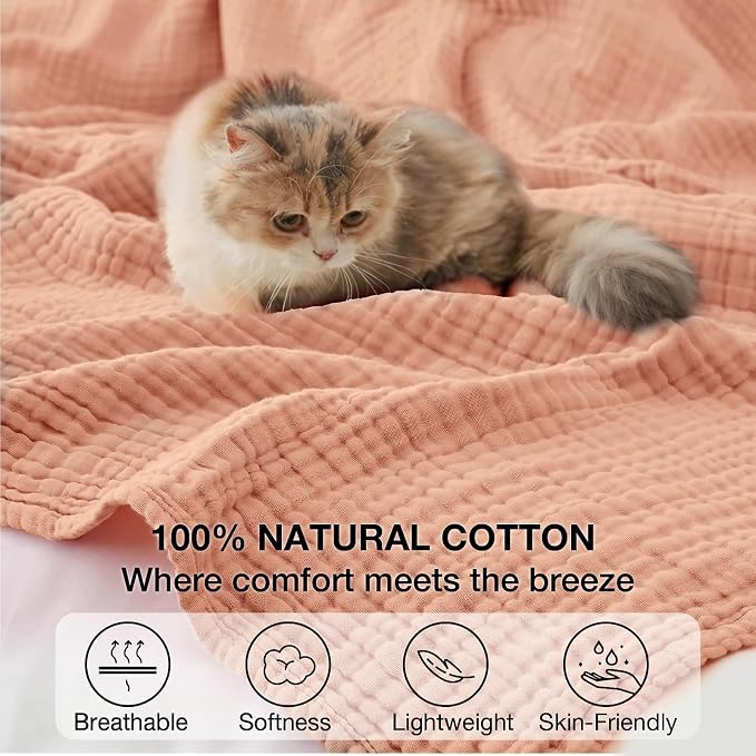100% Cotton Muslin Blanket Twin 60" x 80", Breathable and Lightweight Cotton Twin Blankets for Couch, Soft Cooling Summer Gauze Blanket for Adults All Season, Dusty Pink