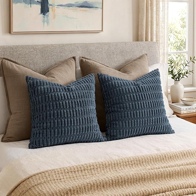 MIULEE Corduroy Decorative Throw Pillow Covers 16x16 Blue Pack of 2 | Soft Boho Striped Pillow Covers Modern Farmhouse Coastal Home Decor For Sofa Living Room Couch Bed
