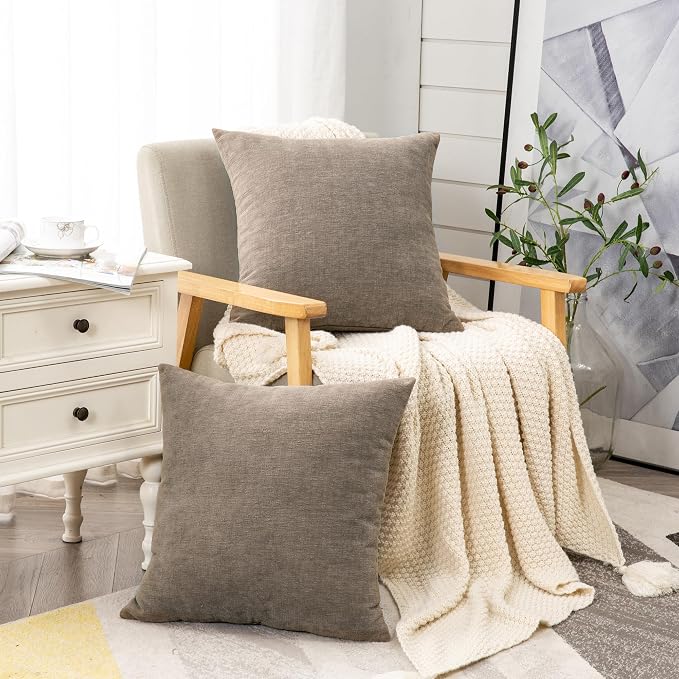 GAWAMAY Decorative Square Throw Pillow Covers 18"x18" Inch Set of 2, Super Soft Chenille Pillows Farmhouse Fall Pillowcase for Living Room Bedroom Sofa Couch Cushion Cover Taupe Grey 45x45cm