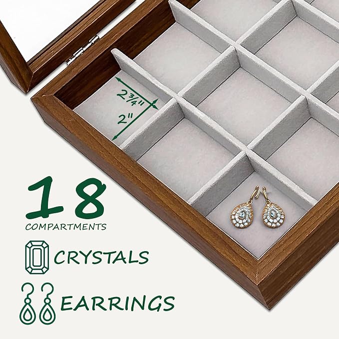 Wooden Travel Jewelry Box w. Tempered Glass Display Lid - Earrings Storage - 18-Compartments Velvet Organizer (Dark Oak) by The Display Guys