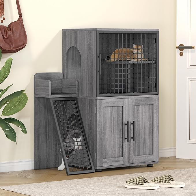 IDEALHOUSE Cat Litter Box Enclosure with Double Layer, Dark Grey | Double Layer Cat Litter Box Furniture with Ladder, Creates a Private Cat Space While Keeping Living Rooms Clean and Organized