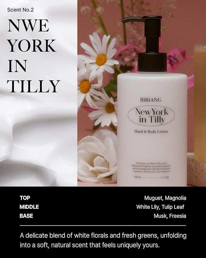 New York in Tilly Body Lotion - Korean Body Care for Moisturizing & Nourishment - Hydrating Body Care Formula with Floral Lily Scent, Shea Butter & Jojoba Oil - 10.82 fl.oz