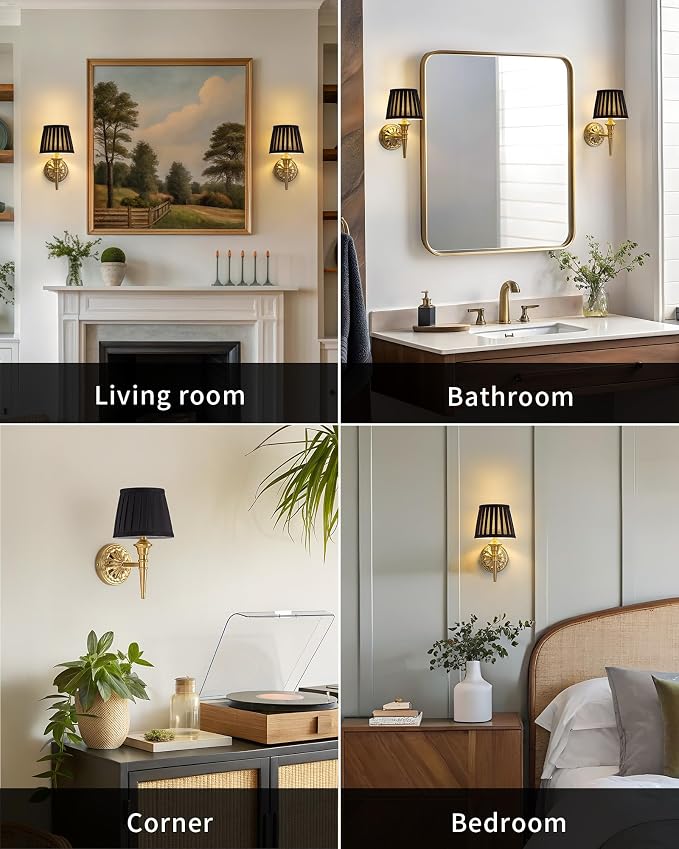 KDG Cordless Gold Wall Sconces Set of 2, Black Fabric Lampshde Wall Lamps | Small LED Wireless Portable Rechargeable Battery Lighting for Wall Painting, Living Room, Bedroom, Hallway, Gifts, Nightlight