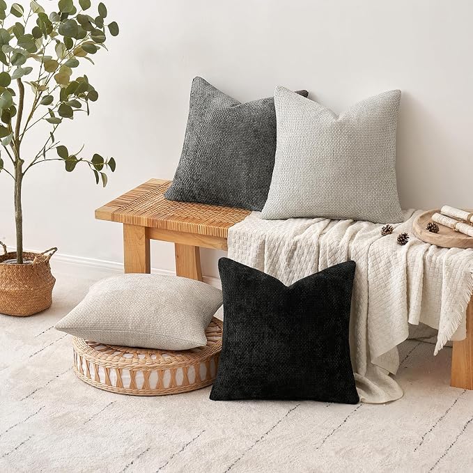 MIULEE Soft Decorative Chenille Pillow Covers Cream Grey 18x18 Pack of 4 | Modern Home Decor, Classic Neutral Set, Couch Throw Pillows, Farmhouse Boho Cushion Covers for Sofa Bed Living Room