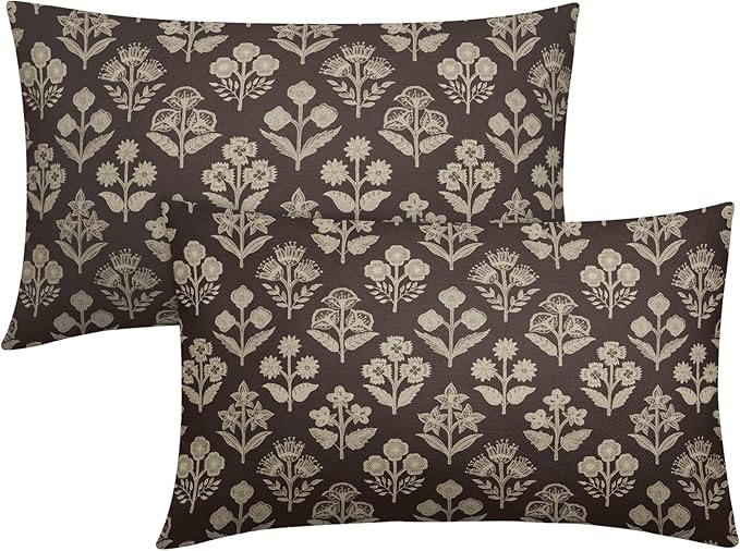 Drak Brown Pillow Covers 12x20 Inch Set of 2, Cream Floral Block Print Pattern Lumbar Decorative Throw Pillowcases Outdoor Farmhouse Rectangle Cushion Covers Spring Summer Sofa Couch Bed Decor