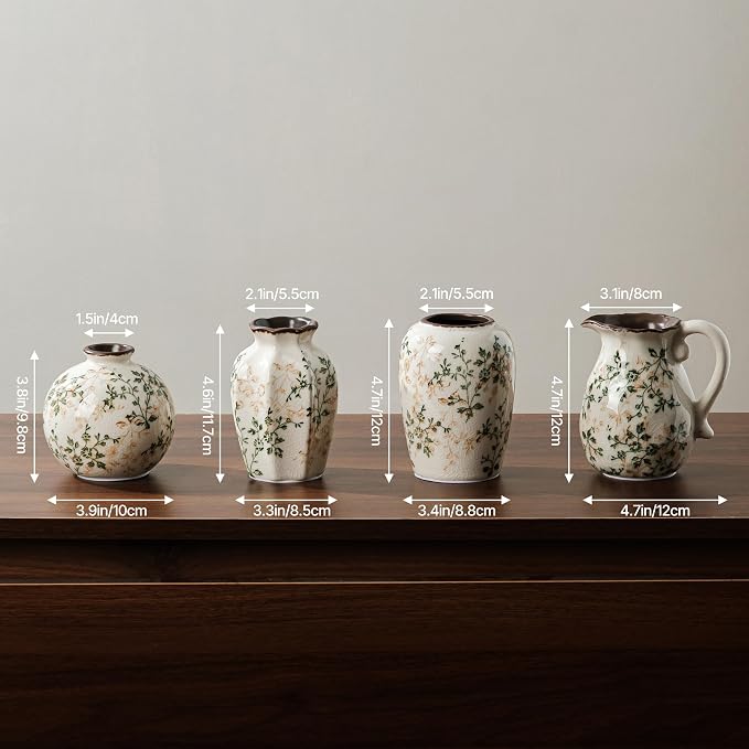 Ceramic Flower Small Vase for Home Decor, Vintage Green Mini Vase Set of 4 | Rustic Farmhouse Floral Vase for Kitchen, Living Room, Mantel, Coffee Table, Bookshelf, Entryway, Wedding Centerpiece