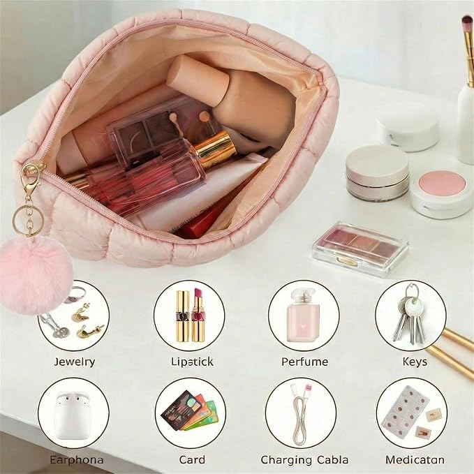 Pink Puffer Quilted Makeup Bag for Women with Furry Keychains - 10" Roomy Puffy Cosmetic Pouch, Travel Toiletry Organizer Bag (PI-Fu-PI)