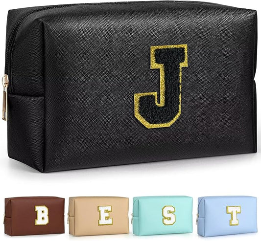 TOPEAST Birthday Gifts for Girls, Travel Makeup Bag Chenille Letter Pouch Cosmetic Bag, Makeup Travel Organizer, Monogrammed Bridesmaid Gifts for Women, Cute Stuff for Girls (Black J)
