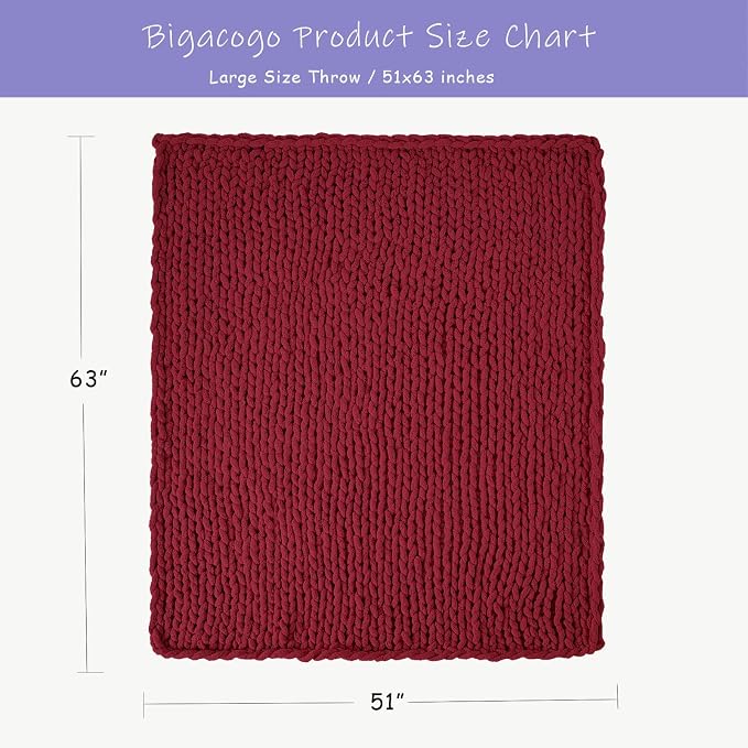 Bigacogo Chunky Knit Throw Blanket for Couch, 51x63 inches, Red | Hand Knit with Jumbo Chenille, Soft Breathable Cable Knit for Sofa Bed Living Room, Machine Washable, Gift for Mom Friend