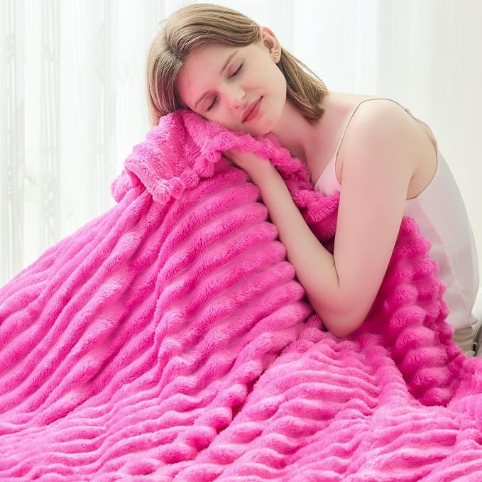 NEWCOSPLAY Fleece Ribbed Cozy Throw Blanket for Couch, Hot Pink, 50"x60" | Premium Silky Flannel Blanket, Soft Lightweight Fluffy Throw Blanket for Bed Sofa Decor, Gift for All Season Use