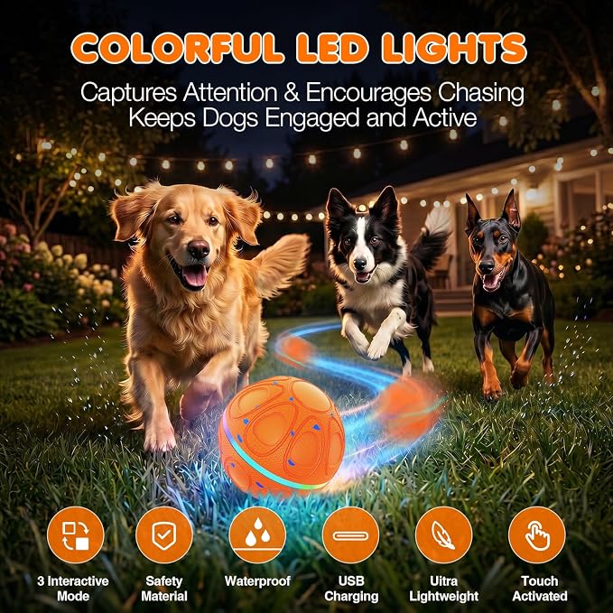 Interactive Dog Toys Ball – Automatic 3-Modes Active Rolling Balls (Orange) | Moving bouncing & rotating dog toy ball with colorful lights. Solid E-TPU material, IPX7 waterproof for medium & large dogs