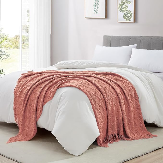 BOURINA Coral Pink Throw Blanket 50 x70 Inch Jacquard Throw Knitted Blanket | Jacquard Argyle Throw Textured Solid Soft Throws and Blankets for Sofa or Bed Knitted Decorative Blanket