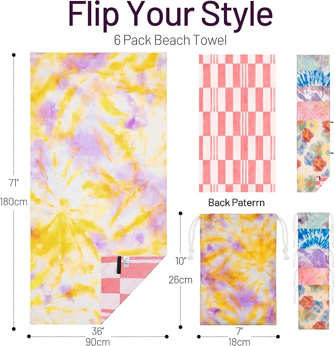 6 Pack Microfiber Beach Towel Oversized with 6pcs Travel Bag, 71 * 36 Cruise Quick Dry XL Beach Towels for Cruise Pool Yoga Gym Gift, Lightweight Absorbent Large Beach Essentials, Tie dye