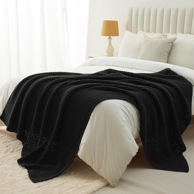 Waffle Knit Throw Blanket, Black Chenille Throw Blanket for Couch 50"x60" | Cozy Stylish Chunky Knitted Blanket, Ideal for Bed Sofa Men Home Decor,Modern Farmhouse Waffle Knit Texture