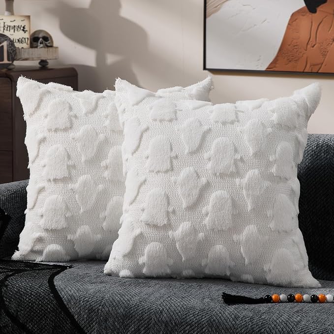 DFXSZ Halloween Pillow Covers 20x20 inch 2Pcs White Ghost Halloween Decor | Halloween Decorations Set of 2 Throw Pillow Cases Plush Faux Fur Wool Cushion for Chair Sofa Bedroom Living Room Home Decor