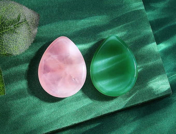 QINJIEJIE 2PCS Worry Stone Rose Quartz Hand Carved Thumb Stones Pocket Gemstones Healing Crystals Sets Green Aventurine Meditation Crystal Reiki Natural Relax Palm Stone for Anxiety Therapy Relief