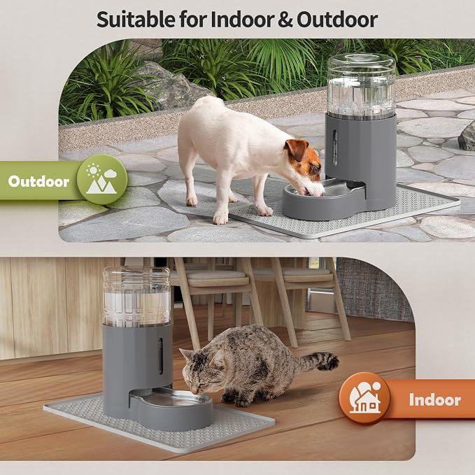 JUNSPOW Cat Water Dispenser with Filter and Stainless Steel Bowl (4L Grey) | Automatic Gravity Water Dispenser for Cats or Small Medium Size Dogs, Large Capacity, Easy to Clean