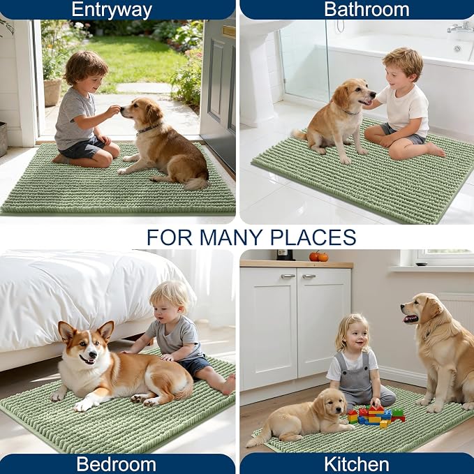 OLANLY Dog Door Mat for Muddy Paws 47x17, Extra Absorbent Chenille Mud Mat | Sage Green, Absorbs Moisture and Dirt, Non-Slip Machine Washable Doormat, Quick-Drying Indoor Entryway Floor Mat for Dogs