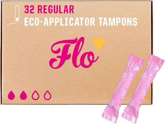 Flo - Organic Cotton Tampons for Women - 32 Pack (32 Regular Tampons) - Leak Proof - No Synthetic Fibers, Chlorine Bleach, or Added Dyes - Bio-Plastic Applicator - Feminine Care - Vegan & Cruelty Free