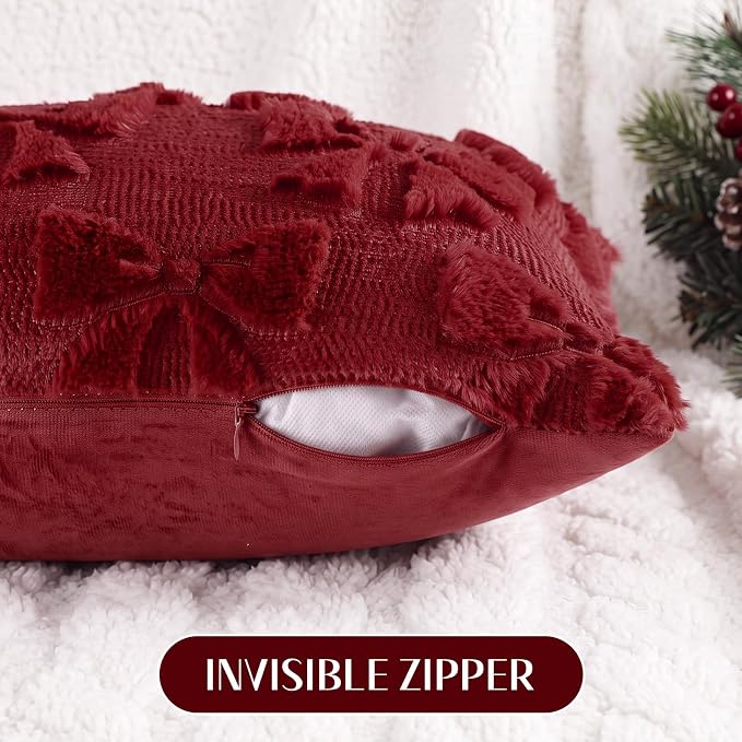 Mixweer Burgundy Bow Pillow Covers Set of 2 Preppy Room Decor Coquette Cute Spring Summer Decorative Faux Fur Soft Bowknot Stuff Fluffy Plush Aesthetic Pillowcase for Bed Sofa Couch (12 x 20 Inch)