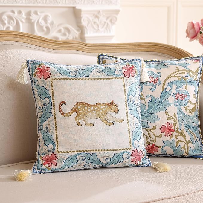 patdrea Designer French Vintage Linen Throw Pillow Cover,18"x18"-Fromm B | Elegant Decorative Pillow Case,Leopard Print with Tassel,Pillow Cover for Couch Living Room Bedroom Sofa