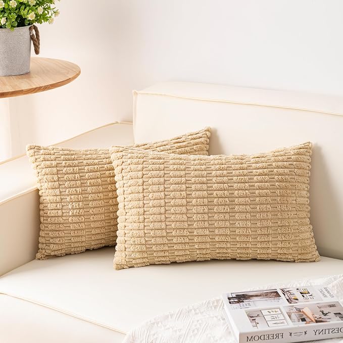 Aegero Pack of 2 Corduroy Decorative Throw Pillow Covers 12x24 Inch, Beige | Fall Soft Striped Pillow Covers Modern Farmhouse Home Decor Christmas Throw Pillow Covers for Sofa Living Room Couch Bed