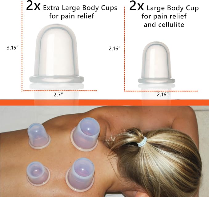 Silicone Cupping Therapy Set 4 Massage Cups (2 XL, 2 L) Pain Relief, Muscle Recovery & Cellulite Reduction Professional Cupping Kit for Home, Gym & Athletes