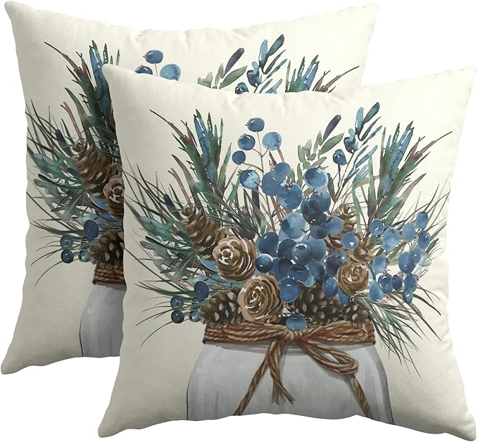 Kawani Pinecone Branch Throw Pillow Covers 22x22 Set of 2 Brown Blue Pine Needle Jar Farmhouse Decorative Pillow Cases Cotton Linen Cushion Cover for Sofa Couch Outdoor Home Decor