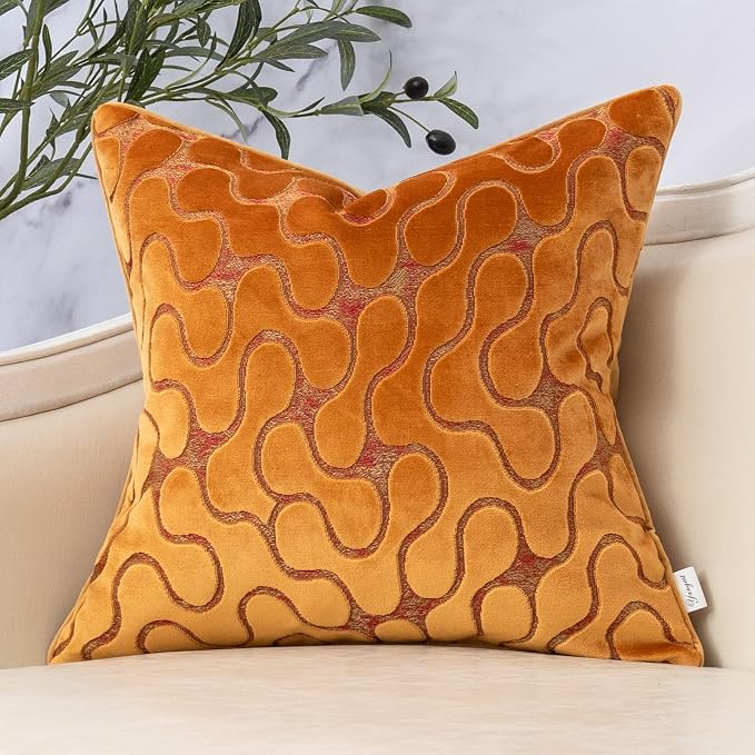 Orange Yellow Square Throw Pillow Cover Wavy Velvet Cushion Cover Modern Zippered Pillowcase for Sofa Couch Bedroom Living Room Chair, 20 x 20 Inch