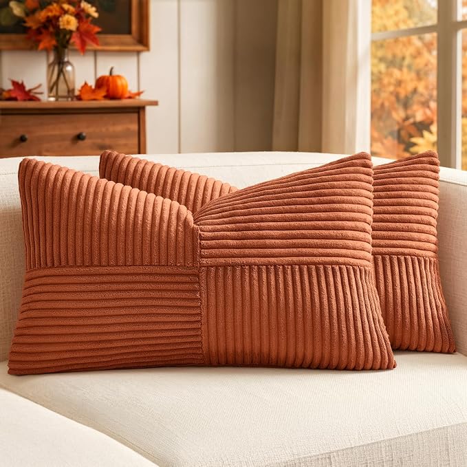 MIULEE Fall Burnt Orange Decorative Lumbar Throw Pillow Covers 12x20 Inch | 2 Pack, Boho Farmhouse Pillow Covers, Soft Cross Corduroy Patchwork Textured Cushion Cases For Bed Sofa