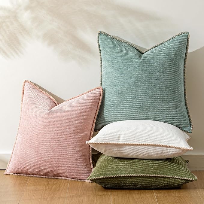 a moment Pack of 2 Decorative Chenille Throw Pillow Covers with Twill Cushion Covers for Sofa Living Room Couch Bed 22x22 Inch,Crafted Border Blush Pink
