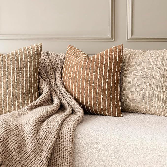 Foindtower Pack of 2 Decorative Jacquard Boucle Throw Pillow Covers Accent Textured Striped Pillowcases Soft Boho Modern Cushion for Couch Sofa Bedroom Living Room Home Decor 20x20 Inch Rust Tobacco