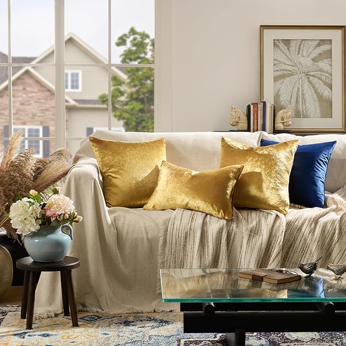 GIGIZAZA Gold Velvet Pillow Covers 26x26 Decorative Pillows Pack of 2 | Throw Pillows for Couch,Euro Sham,300gsm Soft Textured Fabric,Modern Square Pillowcases,Luxury Cushion Covers