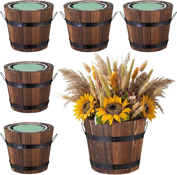 6 Pcs Rustic Wood Whiskey Barrel Planter with Removable Plastic Liners & Floral Foam Blocks, Farmhouse Decor for Wedding Table, Home, Garden, Kitchen & Party Centerpieces (Classic)