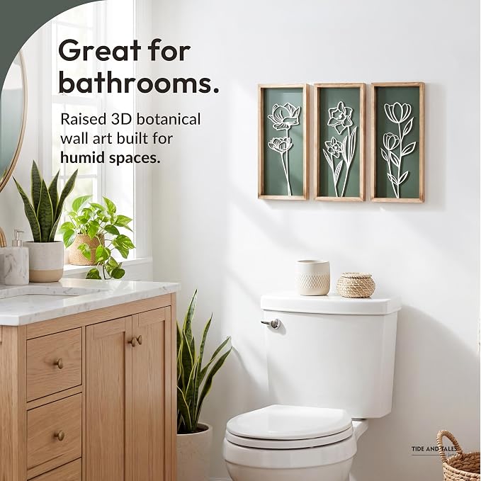 Tide and Tales 3d Green Wall Art, Wooden Botanical Wall Decor, Set of 3 | 7" x 16", Lightweight, Framed Ready-to-Hang, Bathroom Wall Decor, Bedroom, Living Room, Office, Farmhouse, Gift-Boxed