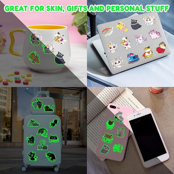 96 PCS Cat Cats Pet Pre-Cut Luminous Glow in the dark Temporary Tattoos for Kids | Super Cute Themed Birthday Party Favors, Supplies, Decorations, Animal Paw Fake Tattoo Stickers Gifts for Boys Girls