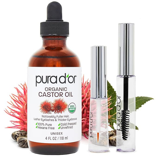 PURA D'OR 4 Oz ORGANIC Castor Oil - w/ 2 BONUS Empty Brushes - 100% Pure USDA Certified Cold Pressed, Hexane Free Eyelash & Eyebrow Serum - For Fuller, Thicker Lashes & Brows - Skin & Hair