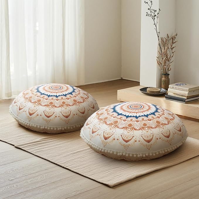 Meditation Cushion Set of 2, Round Floor Pillow Seating for Adults, Bohemian Mandala Yoga Cushion, 32" Extra Thick Memory Foam Removable Washable Cover, Ideal Gift Holiday Decor, Brown