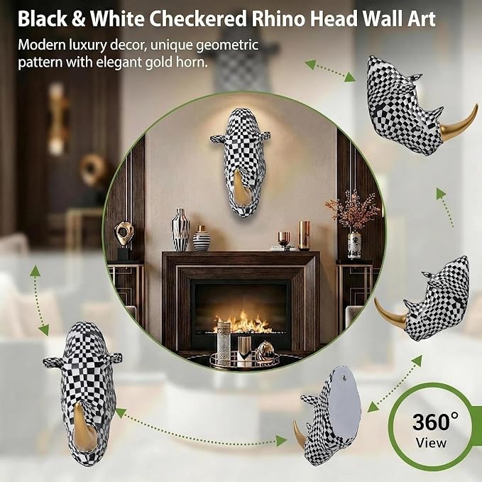 GIGICICI 9.2x4.7-Inch Vintage Mosaic Rhino Head Wall Sculpture Art Mount Statue for Room Bedroom Office Living Decor(Black White)