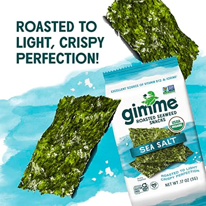 Gimme Seaweed - Sea Salt - 6 Count - Organic Roasted Seaweed Sheets - Keto, Vegan, Gluten Free - Great Source of Iodine & Omega 3’s - Healthy On-The-Go Snack for Kids Adults (Pack of 2)