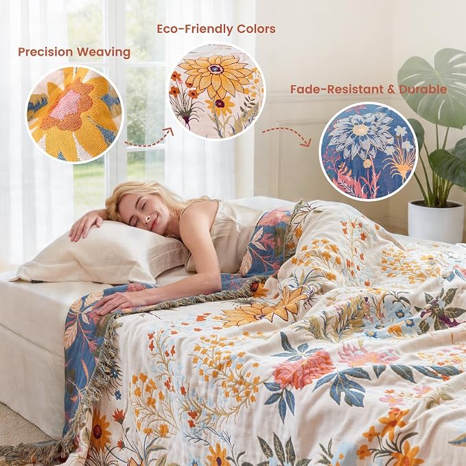 MSGKV Boho Throw Blanket 60"x80" Cotton Floral Twin Blanket for Couch Bed | 100% Cotton Muslin, Twin Size Throw Blanket, Floral Farmhouse Decor, Soft & Breathable, Lightweight Comfort, Machine Washable