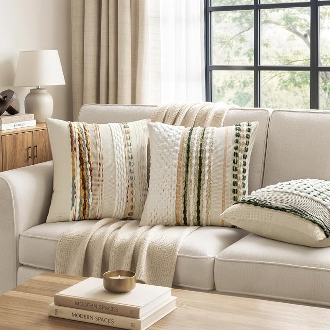 ANRODUO Decorative Boho Pillow Covers Orange White 20x20 Inch Pack of 2 | Throw Pillow Covers, Farmhouse Striped Pillow Covers, Chenille Tufted Pillow Cases, Neutral Pillowcase for Living Room Couch