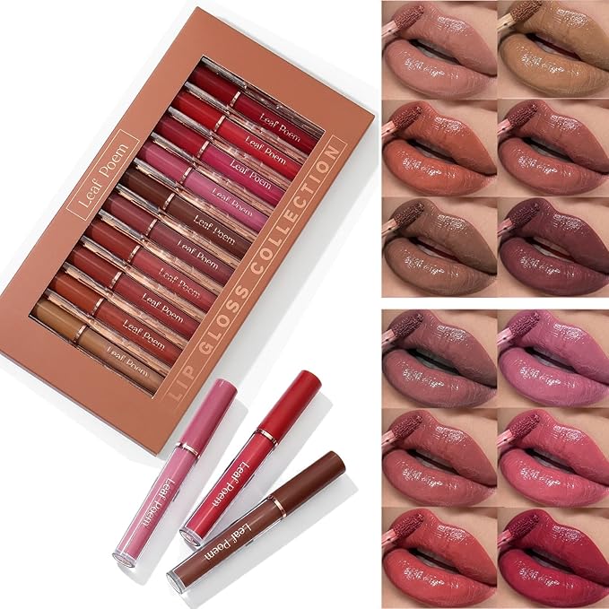 Lip Gloss Set with Glossy and Soft Brush Non-Sticky Moisturizing Lipgloss for Women Lip Makeup Collection (12 Pcs)