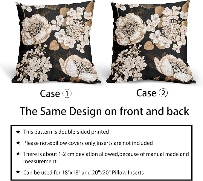 Vintage Flowers Pillow Covers 22X22 Inch Set of 2 White Floral Gold Leaves Botanical Decorative Pillow Cases Rustic Black Cotton Linen Cushion Case Farmhouse Home Decor for Sofa Couch Living Room