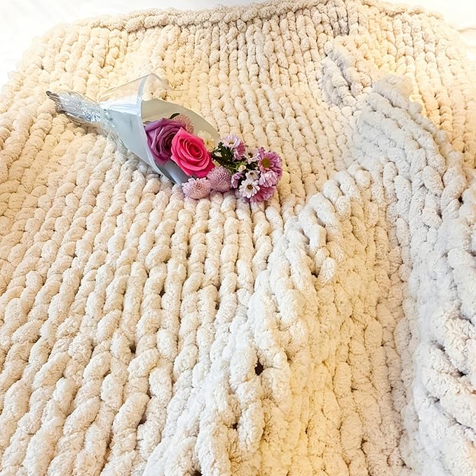 Soft Chunky Knit Throw Blanket for Couch, Cozy Warm Knitted Blankets | Hand Knit with Jumbo Chenille, Lightweight Warm Fluffy Decor for Women, Mom, Her & Girls, Sofa, Chair, Bed, 48"×71" (Beige)