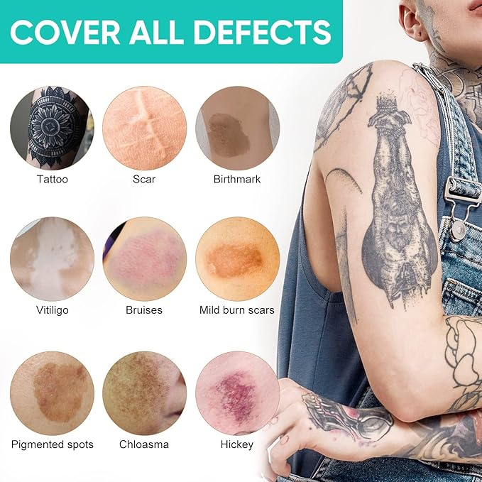 Tattoo Cover Up Makeup, Waterproof Concealer, 2 Colors, Professional Scar & Blemish Coverage for Tattoos, Birthmarks, and Scars, Long-Lasting, Adjustable Formula for Men & Women