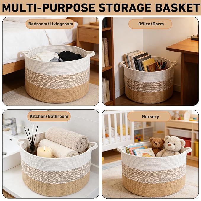 65L Large Blanket Basket, Cotton Rope Woven Laundry Basket-Yellow | Collapsible, reinforced handles, nursery storage bin organizes clothes, toys and pillows for living room, bedroom bathroom