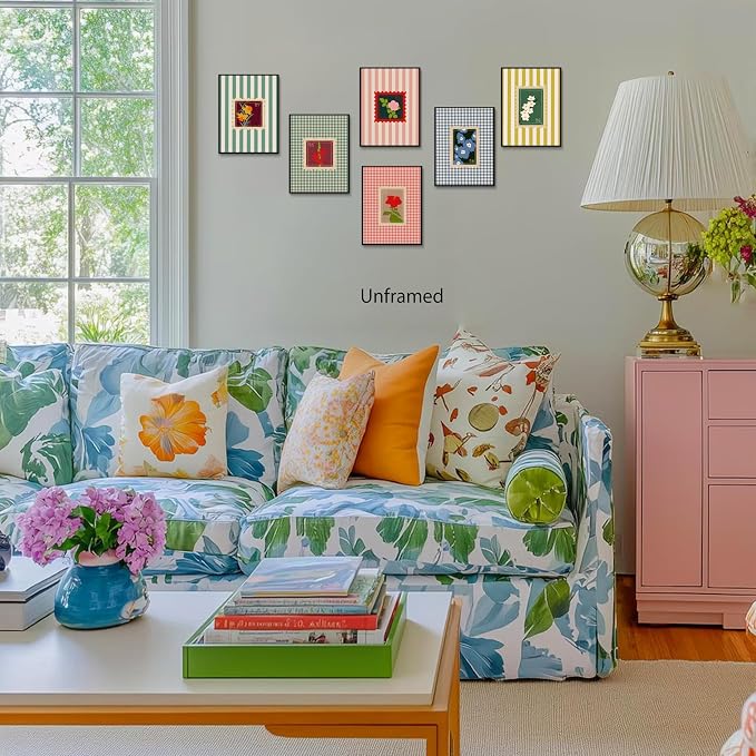 Coquette Pink Floral Posters Wall Art Set of 6, Colorful Stripes and Checks Flower Canvas Wall Decor Painting, Florals Stamp Artwork Posters Pictures for Girls Room Bedroom Dorm 8x10 Inch Unframed