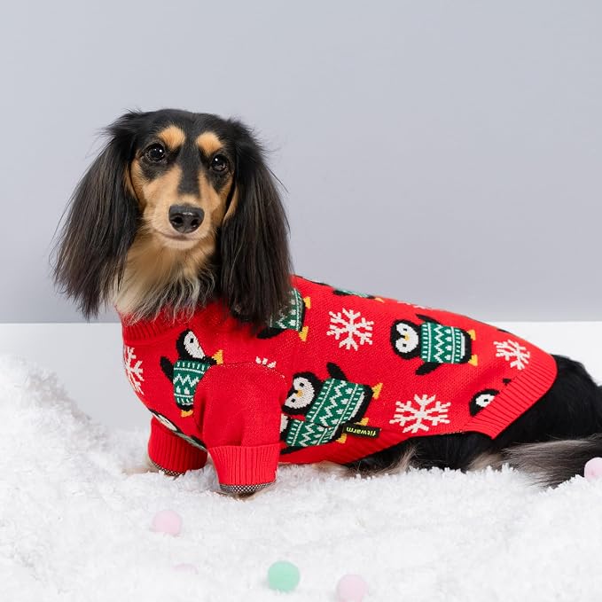 Fitwarm Funny Penguins Dog Ugly Christmas Sweater, Winter Dog Clothes for Small Dogs Girl Boy, Pet Xmas Outfit, Green, Red, White, Small