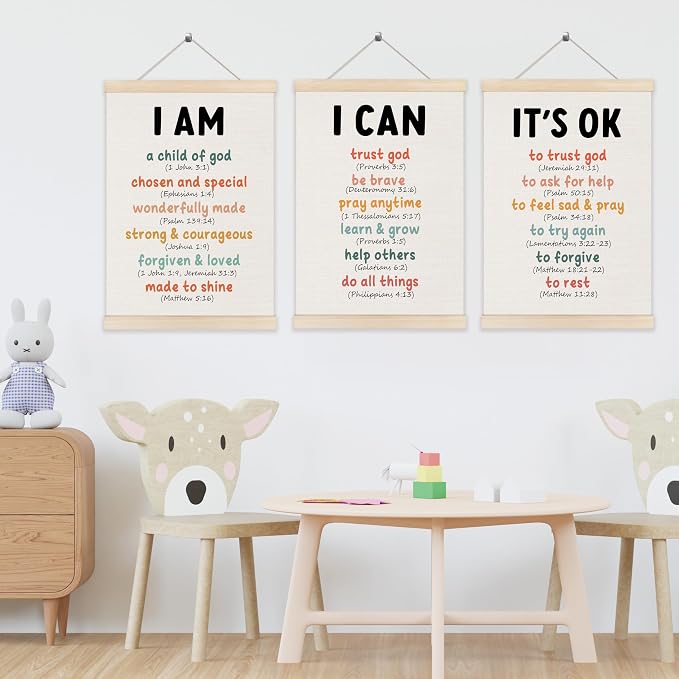Koesus Inspirational Christian Classroom Wall Art Poster Hanger Frame 12x16 Inch Set of 3, Positive Affirmations for Kids, Motivational Canvas Pictures Prints Framed Wall Decor for Classroom Kids Room Playroom